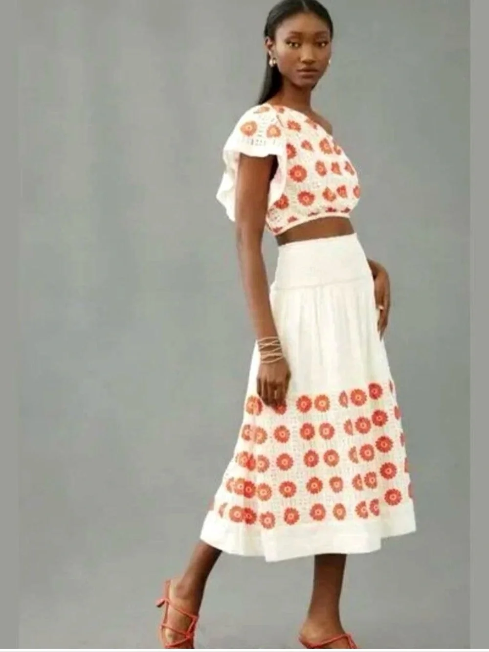 Anthropologie Skirt Set Boho Eyelet Orange Cream Floral Midi Skirt Crop Top MED